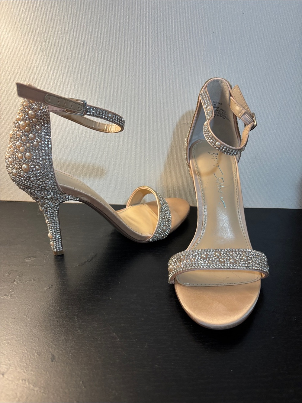 Betsy Johnson Embellished Ankle-Strap Heels in Champagne